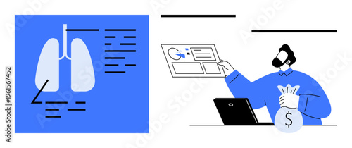 Healthcare systems, medical economy, data analysis, digital healthcare, decision-making, financial planning. Human lungs diagram and man holding money sack at laptop. Healthcare systems and medical