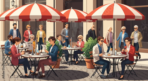 People sitting at outdoor cafe tables.