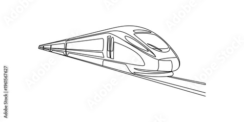 Continuous line drawing of a modern high speed electric train traveling on tracks on white background