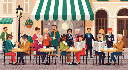 People sitting at outdoor cafe tables.