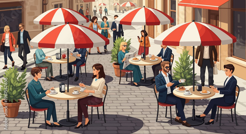 People sitting at outdoor cafe tables.