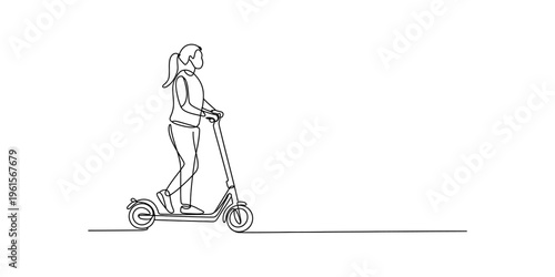 Continuous line drawing of a young woman riding an electric scooter on a white background.