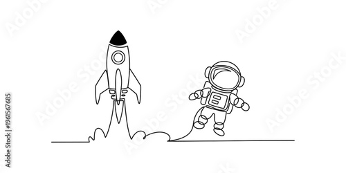 Single line drawing of a rocket ship launching into space next to a floating astronaut