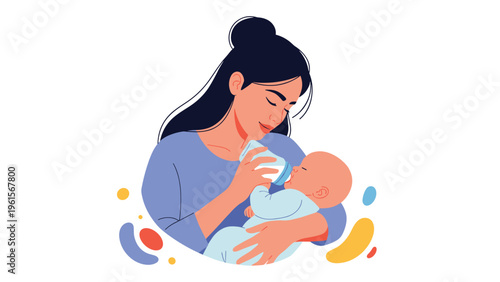 Loving mother gently holds her infant baby while feeding him with a milk bottle in a cozy and peaceful home environment.