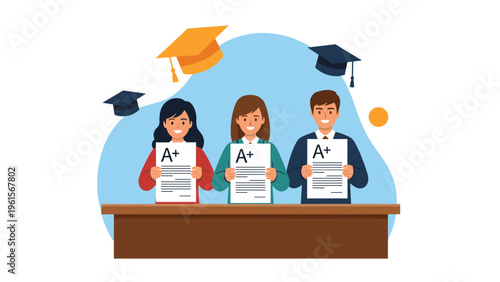 Three proud students stand together and hold up their excellent A plus graded exam papers to celebrate their academic success.