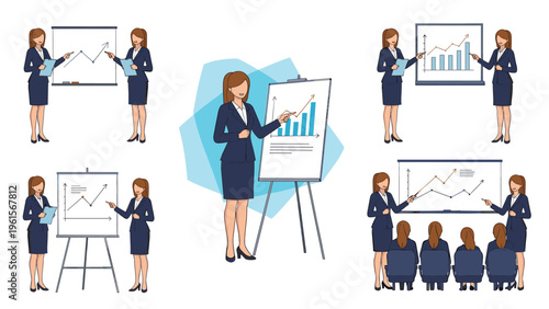 Set of illustrations featuring a professional woman in a business suit giving presentations with charts and graphs on flip charts.