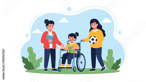 Two supportive women spend time with a young girl in a wheelchair in a green park while holding a book and a soccer ball.