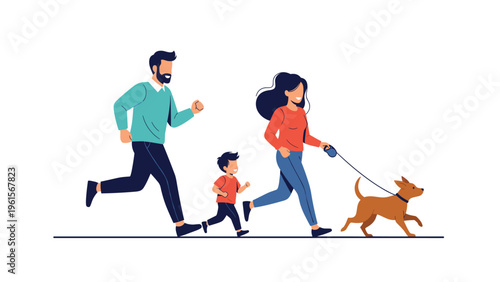 Healthy family with a young son enjoys an energetic morning run together in the park while their dog joins in on a leash.