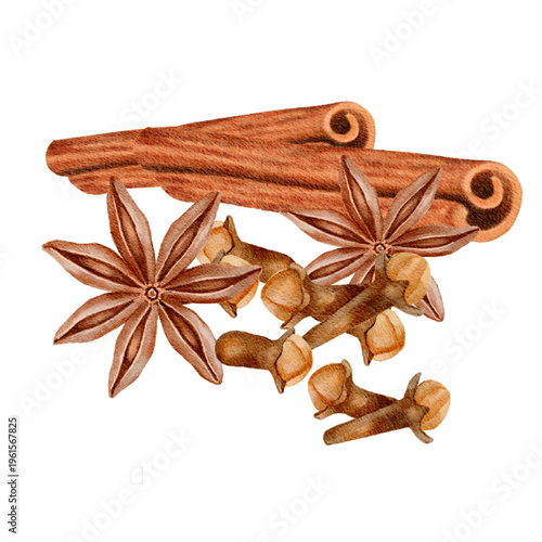 Watercolor illustration of cinnamon, anise, and cloves with soft, natural details and warm tones