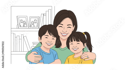 Loving mother smiles warmly while hugging her two happy children in front of a bookshelf filled with family photos and books.