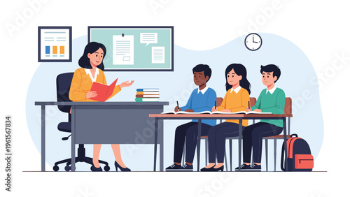 Dedicated female teacher explains a lesson to three diverse students sitting at their desks in a modern bright classroom.