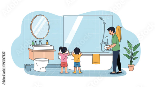 Responsible father teaches his two young children how to clean the bathtub during their weekly household chores in the bathroom.