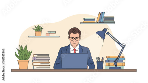 Focused male professional working on a laptop at a tidy desk surrounded by books, potted plants, and a desk lamp in a home office.