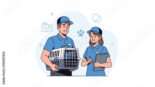 Two professional animal shelter workers or veterinary technicians in uniforms handling a pet carrier and checking a clipboard for tasks.