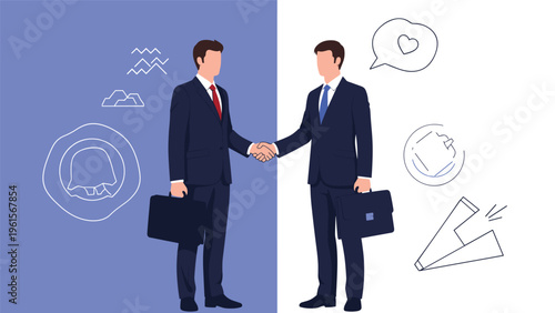 Two professional businessmen in dark suits shake hands to symbolize a successful partnership, agreement, or completed deal.