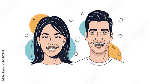 Confident young man and woman smile brightly while showing off their dental braces as part of their orthodontic treatment journey.