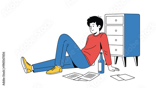 Casual young man sitting on the floor next to a blue cabinet with scattered papers and a bottle, looking relaxed and thoughtful.