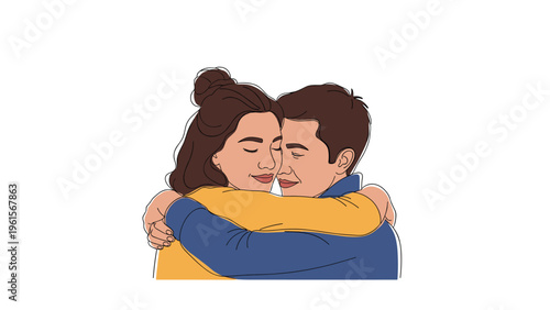 Loving young couple sharing a warm and affectionate embrace with their eyes closed, showing strong emotional connection and romance.