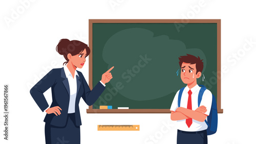 Strict female teacher pointing her finger and scolding a nervous young student standing in front of a green chalkboard in a classroom.