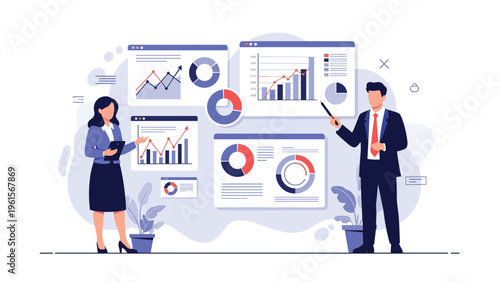 Business professionals use interactive digital dashboards and charts to analyze market data and present strategic growth plans.