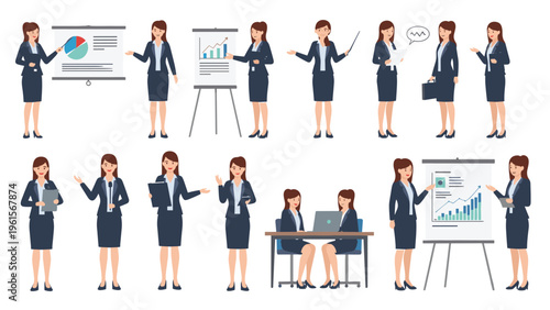 Professional businesswoman character set featuring various poses and activities such as presenting on a whiteboard and working at a desk.