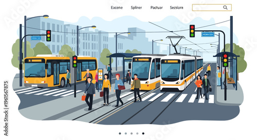 People walking across city street crossing.