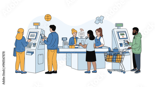 Shoppers using modern self-checkout kiosks and traditional cashier lanes in a busy supermarket or grocery store setting.