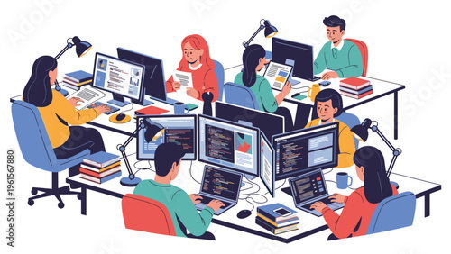 Productive office environment with several employees working diligently at their desks equipped with multiple computer monitors and laptops.