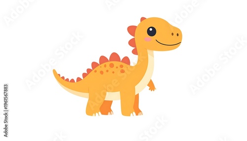 A smiling, cartoon dinosaur with orange and yellow hues, standing upright with small arms and legs, on a clean, white background