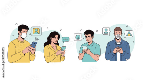 Group of people focused on their smartphones with digital chat bubbles and profile icons, illustrating online communication and social media.