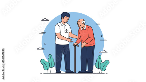 Compassionate young male volunteer assisting an elderly man with a walking cane against a soft blue circular background outdoors.