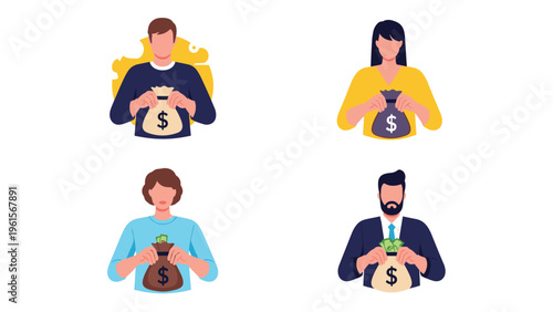 Diverse group of people holding large bags marked with dollar signs, representing wealth, savings, investment, or financial success.
