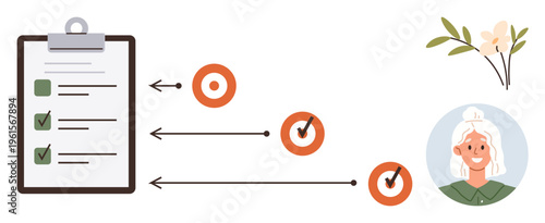 Task management, goal tracking, business strategy, project planning, personal organization, workflow processes. Checklist, icons arrows and a character. Task management and goal tracking concept