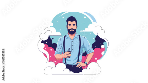 Stylish bearded man wearing a blue shirt and suspenders holding a vape device or e-cigarette amidst colorful clouds of smoke.