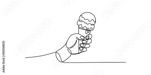 Continuous line drawing of a human hand holding a double scoop ice cream cone on white background.