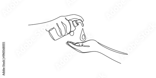 Continuous line drawing of hands using a hand sanitizer bottle to clean and protect against germs.