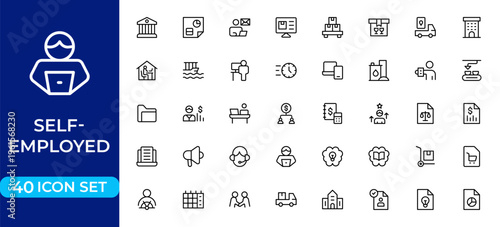 Self-Employed Line Icon Collection – Clean Minimal Professional Outline Icons for Freelance Business, Remote Work and Solo Entrepreneurs, Editable Vector Illustration