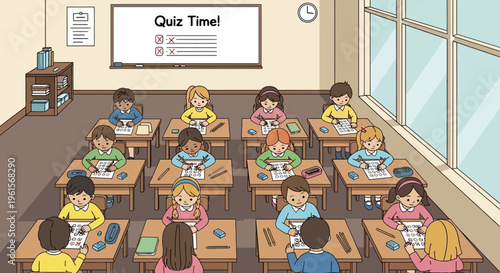 Students sitting at school desks.