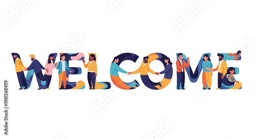 Welcome sign with diverse people.