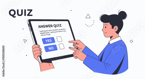 Woman taking online quiz on tablet.