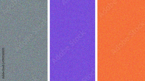 Fotografia A triptych of vertical panels featuring static noise in grey, vibrant purple and