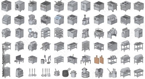Commercial Kitchen Equipment, Stainless Steel Appliances, Restaurant Equipment, Catering Tools, Cooking Equipment Vector Collection for Professional Food Service Industry Design