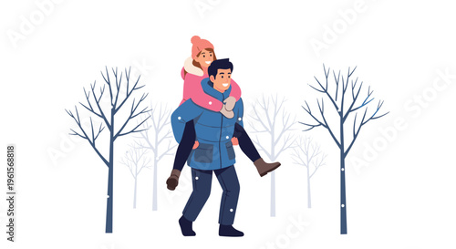 A smiling man gives a woman a piggyback ride through a snowy landscape with bare trees.