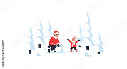 A cheerful adult and a small child in red winter coats are building a snowman in a pristine, snow-covered landscape with stylized pine trees.