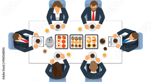 An overhead view shows six business people seated around a rectangular table, enjoying coffee and pastries.