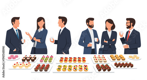 Six formally dressed business professionals are conversing around two tables laden with various colorful desserts and pastries on a plain white background.