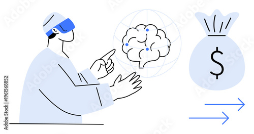 Artificial intelligence, future technology, financial systems, innovation, virtual reality, digital economy. A person wearing VR glasses points at a brain and a money bag symbol. AI and financial