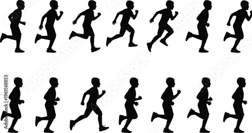 Running boy silhouette sequence, child jogging motion cycle, kid sprint animation poses, black human figure isolated on white background
