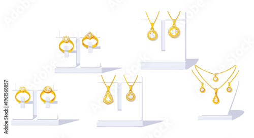 Multiple sets of gleaming gold jewelry, including rings, necklaces, and earrings, are elegantly displayed on white stands against a white background.