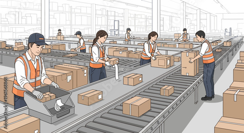 Workers on a warehouse conveyor belt.